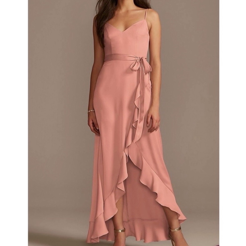 Spaghetti strap crepe ruffle dress. David’s bridal. Color desert coral. Size 18.